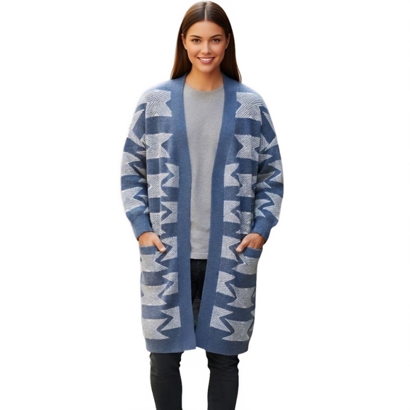 Raffi Sweaters - Raffi Waterfront Merino Wool Aztec Jaquard Cardigan Pockets Open a front Size S